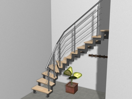 Innentreppe als 2 Holmtreppe 1/4 gewendelt mit Massivholzstufen & Edelstahlgeländer Buche - Stabverleimt (A/B) Anthrazitgrau (RAL 7016)